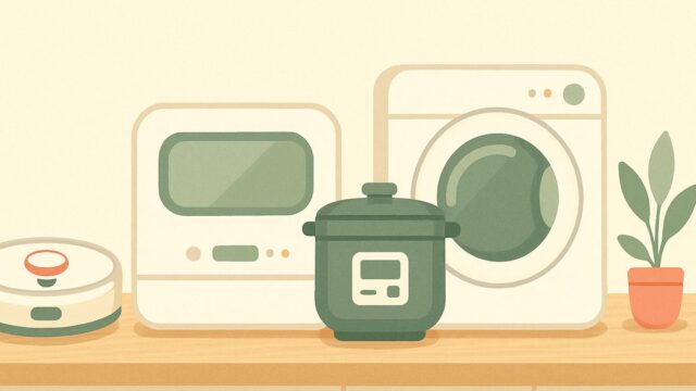 食洗機・ロボット掃除機・電気圧力鍋など時短家電が並ぶイラスト