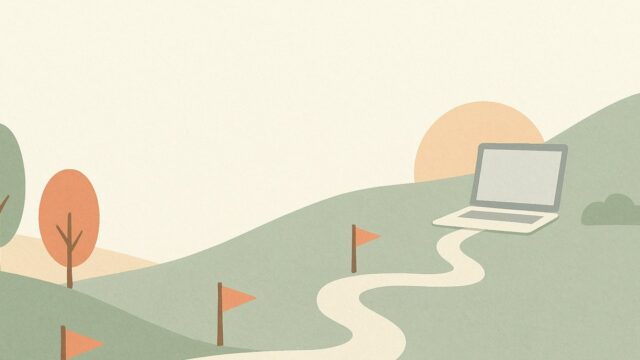 マイルストーンの旗が並ぶ副業90日ロードマップの道のりイラスト