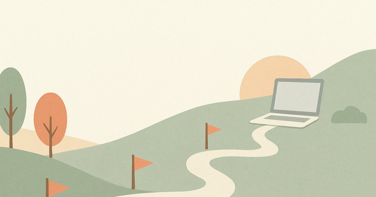 マイルストーンの旗が並ぶ副業90日ロードマップの道のりイラスト