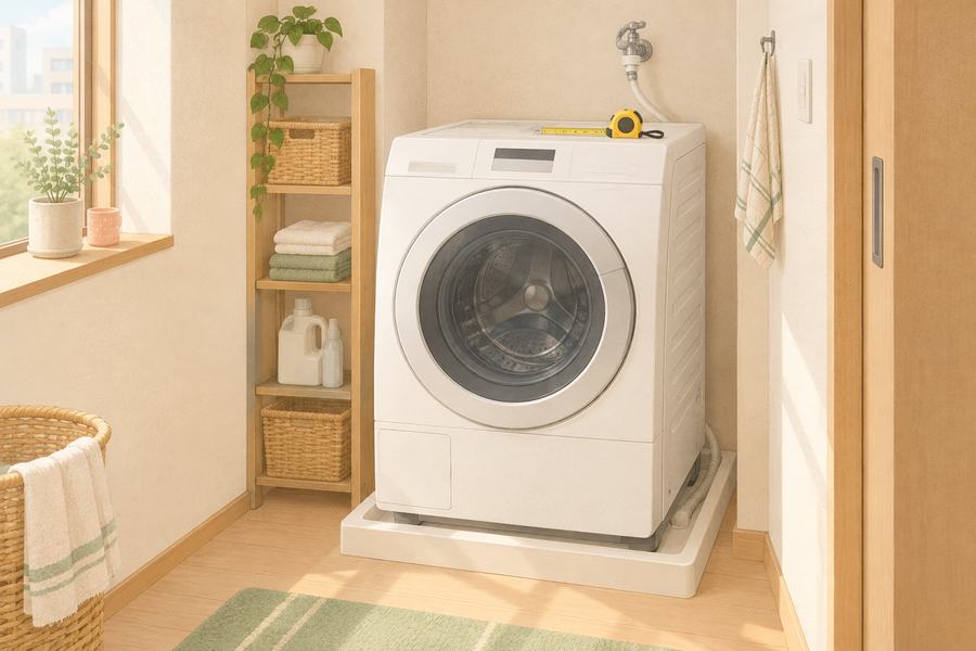 洗面所に置いたドラム式洗濯乾燥機とメジャーのイメージ