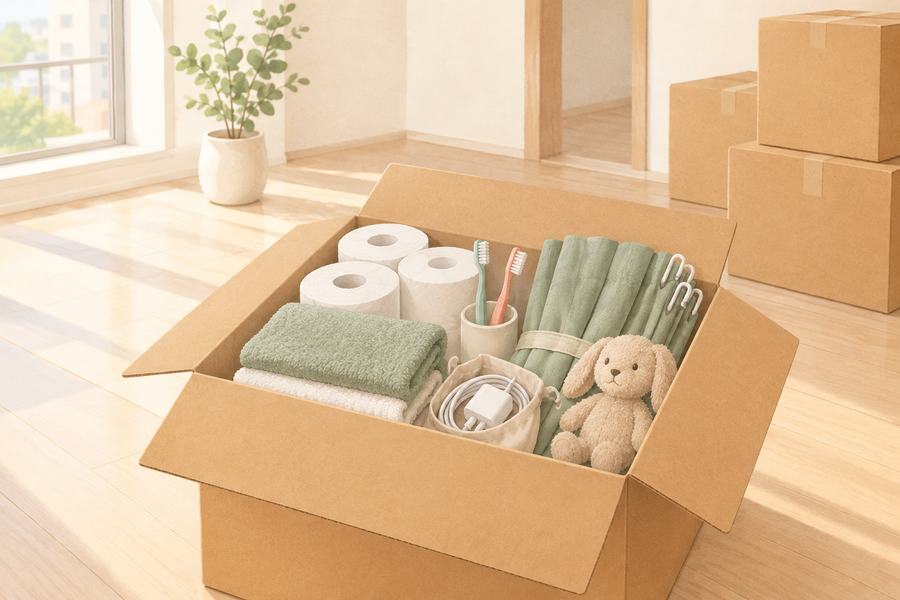 引越し当日の夜と翌朝に使う物だけをまとめた「すぐ開ける箱」のイメージ