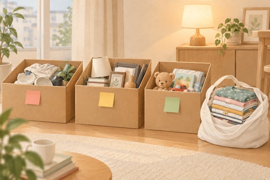 引越し前に、不用品を「捨てる・売る・譲る」の3つに分けて置いているイメージ