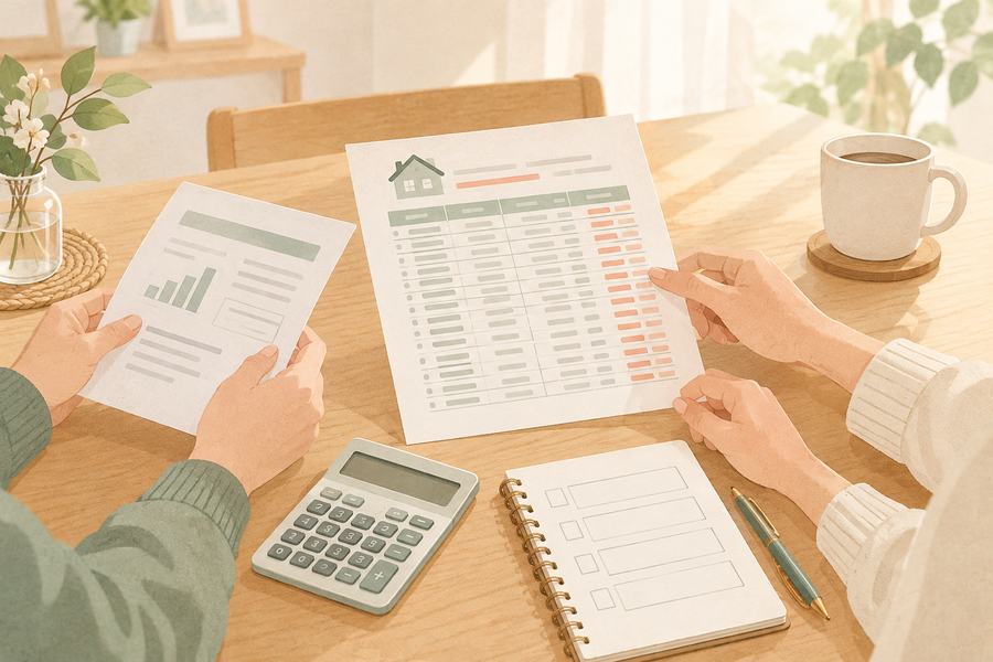 返済予定表と電卓を並べて、今の住宅ローンの金利と残高を書き出しているイメージ