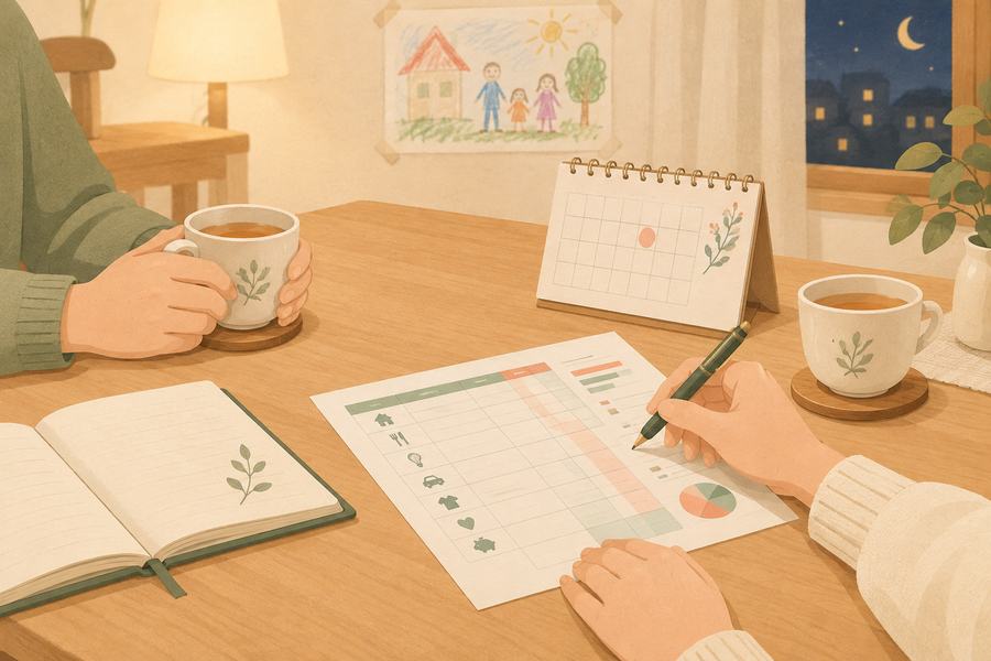 子どもが寝たあと、夫婦で家計と職場の制度をノートに書き出して話し合っているイメージ